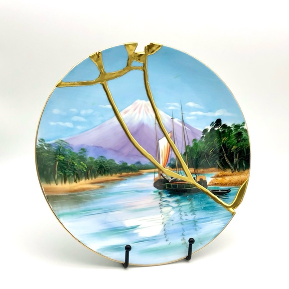 Kintsugi Plate Japanese Hand Painted Landscape Sailboat Gold Crack Growth Gift - Picture 8 of 12